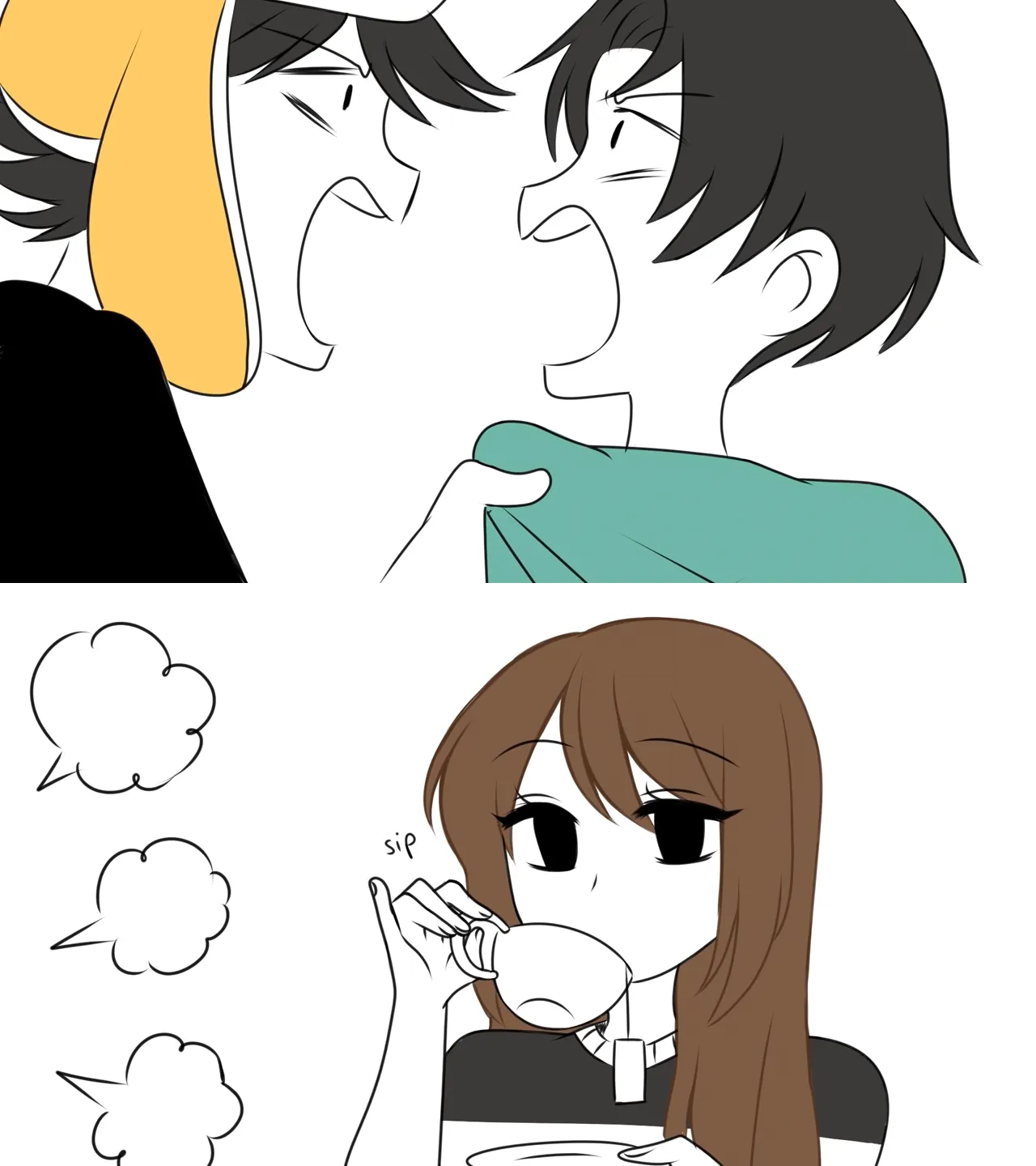 2 people fighting while emirichu sips tea 