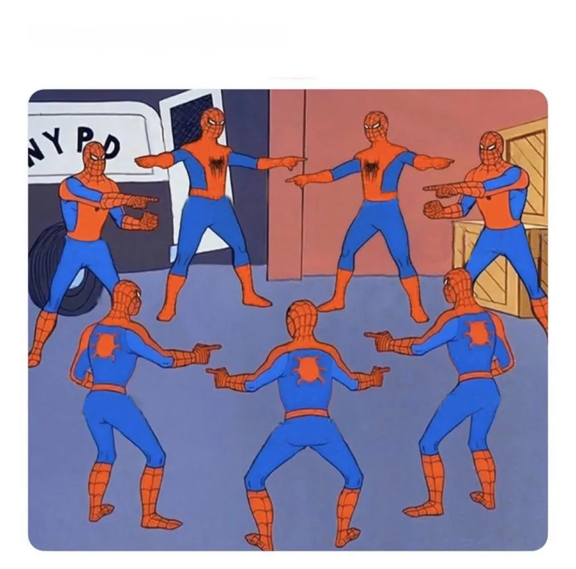 7 spidermen pointing 