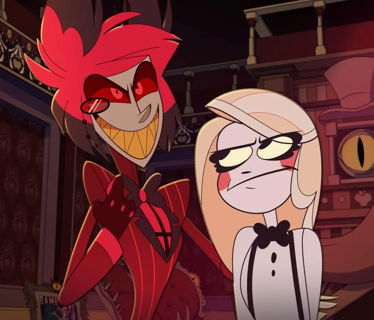 Alastor Having his hand over charlie's Shoulder (Hazbin hotel) 