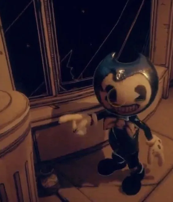 Baby Bendy pointing at trash 