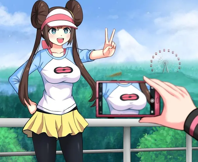Camera Zoomed on Pokémon Rosa's Breasts with hat - meme template 