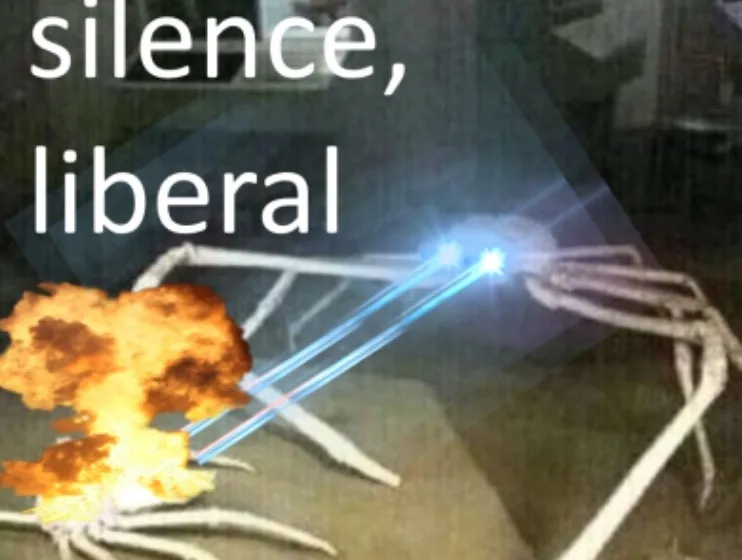 Crab shooting lasers and saying "silence liberal" 