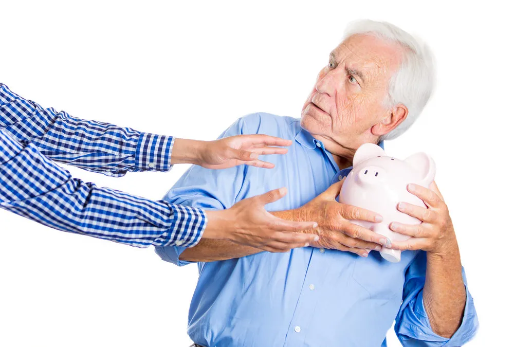 Elder Man Protecting Piggy Bank 