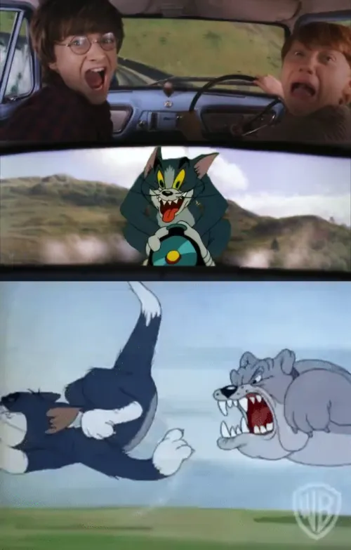 Harry Potter and Ron being chased by Tom with an extra panel 
