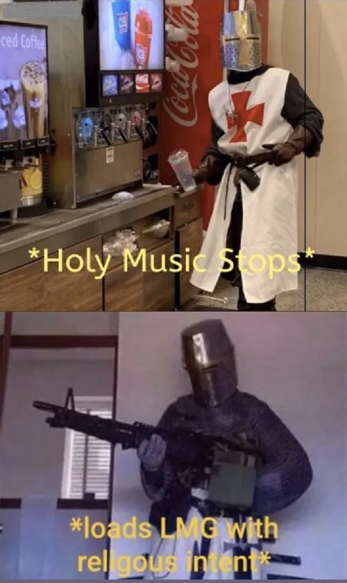Holy music stops + Loads LMG with religious intent 