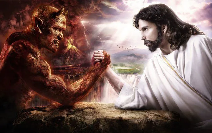 Jesus and Satan arm wrestling 