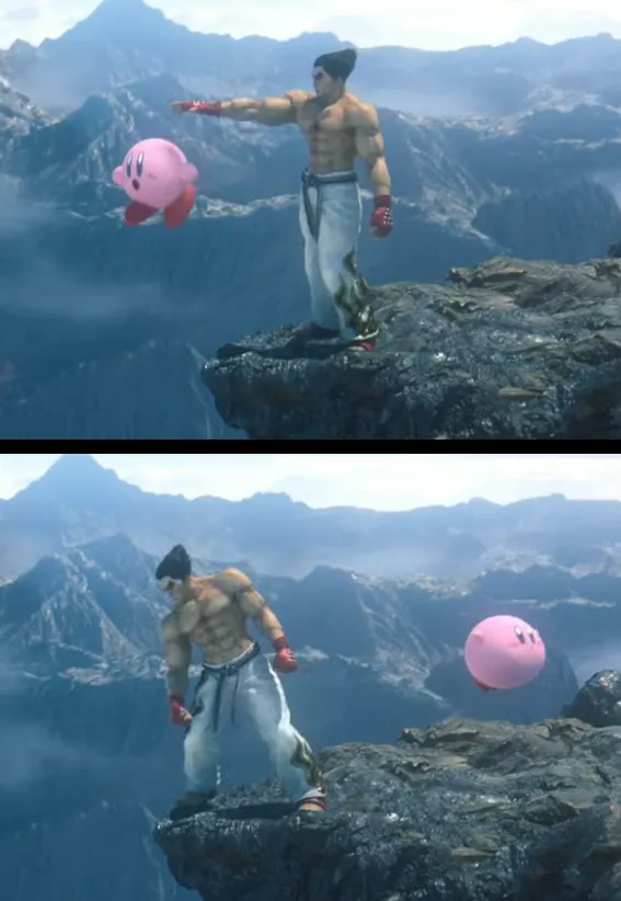 Kazuya throwing Kirby off a cliff. 