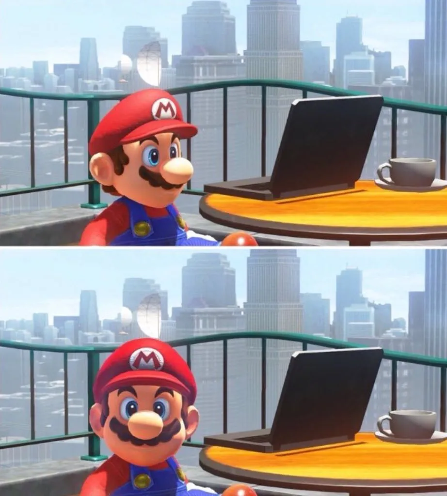 Mario looks at computer 