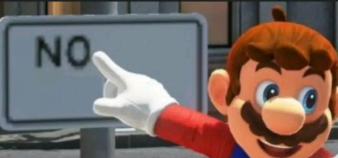 Mario points at a "NO" sign 