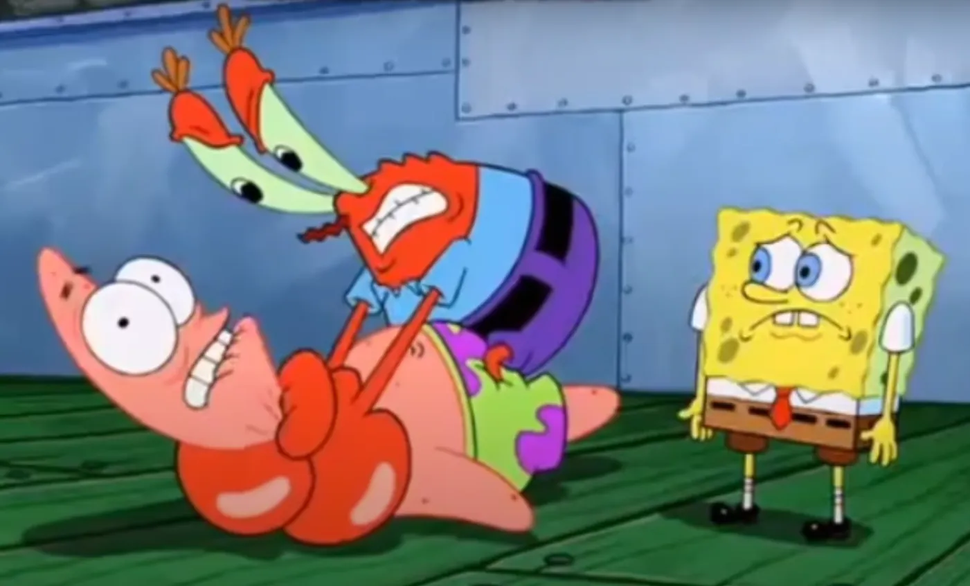 Mr Crabs choking Patrick 