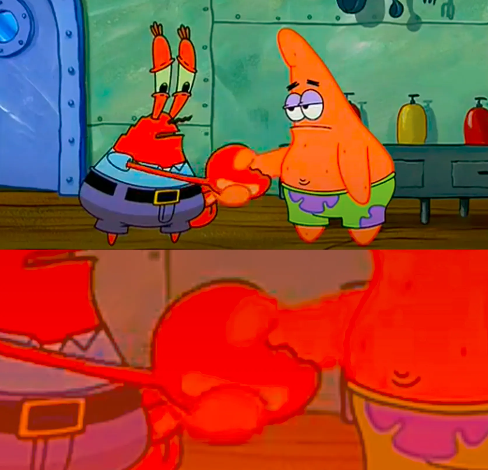 Mr Krabs and Patrick shaking hand 