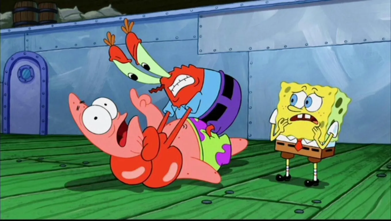 Mr. Krabs strangling Patrick 
