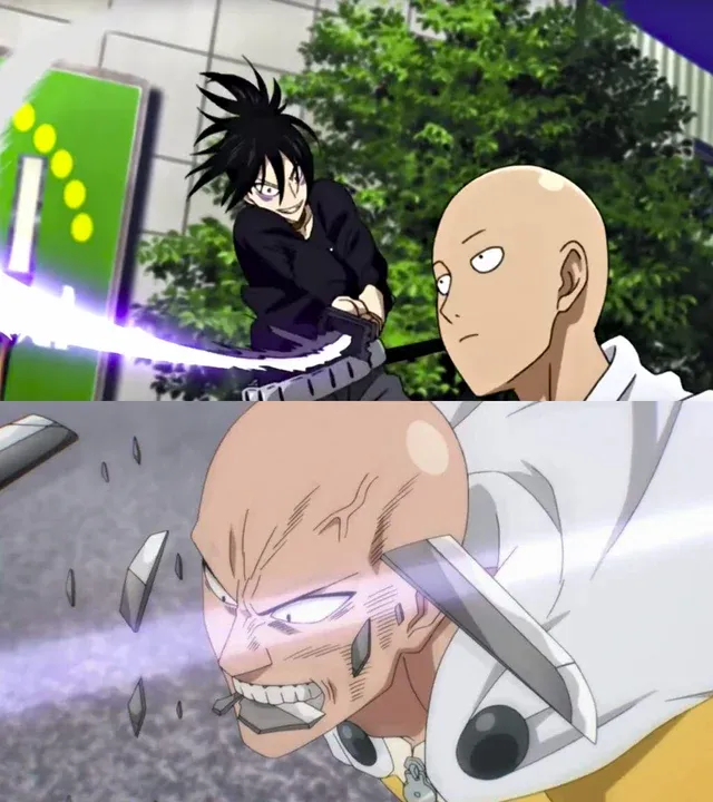 Saitama bites sword and breaks it 