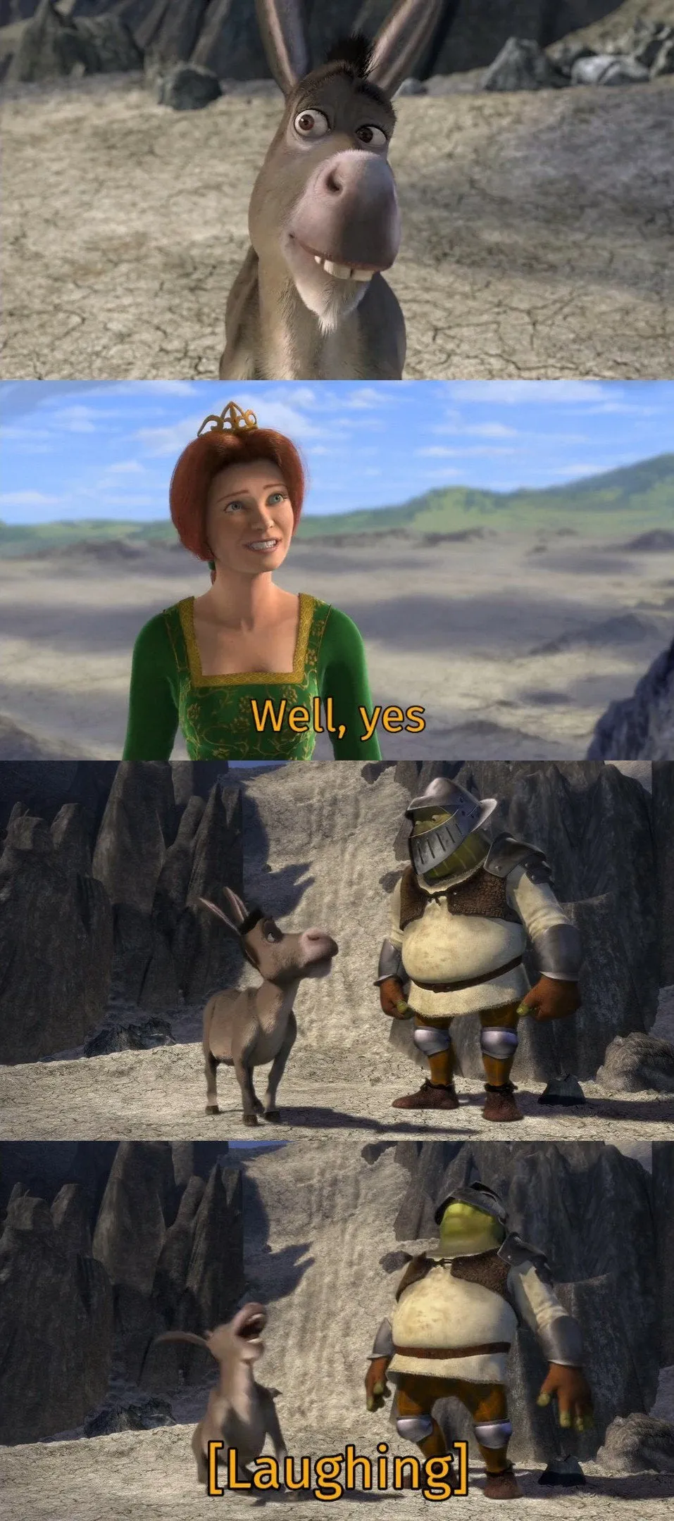 Shrek and Donkey laughing at Fiona 