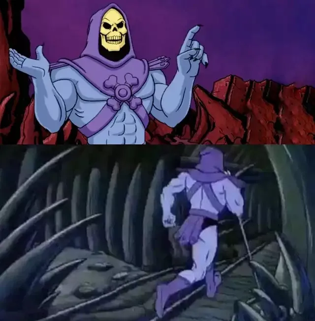 Skeletor says something then runs away 