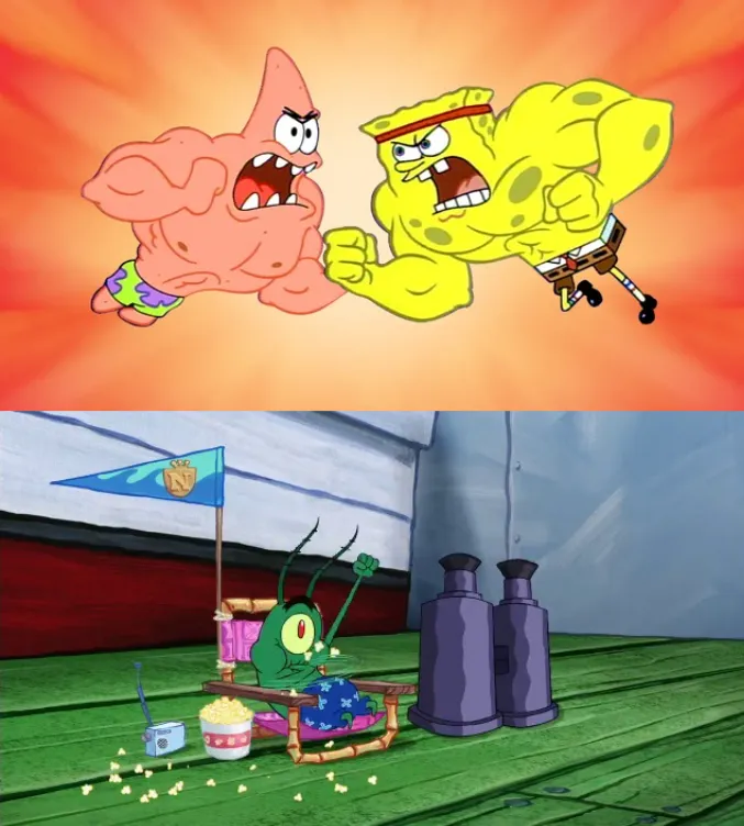 SpongeBob and Patrick fighting with Plankton cheering them 