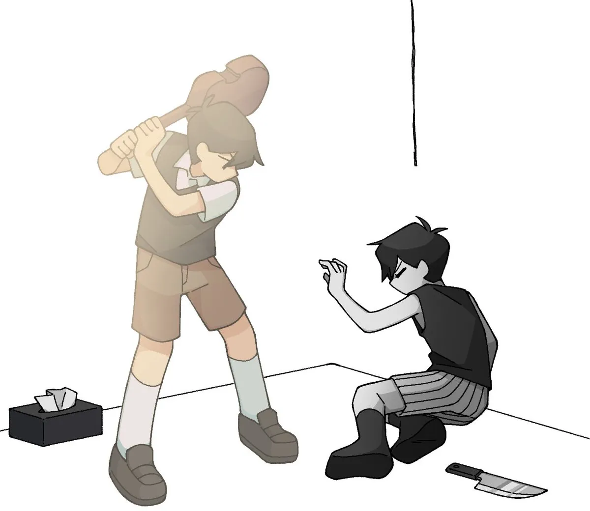 Sunny beating Omori with his violin 