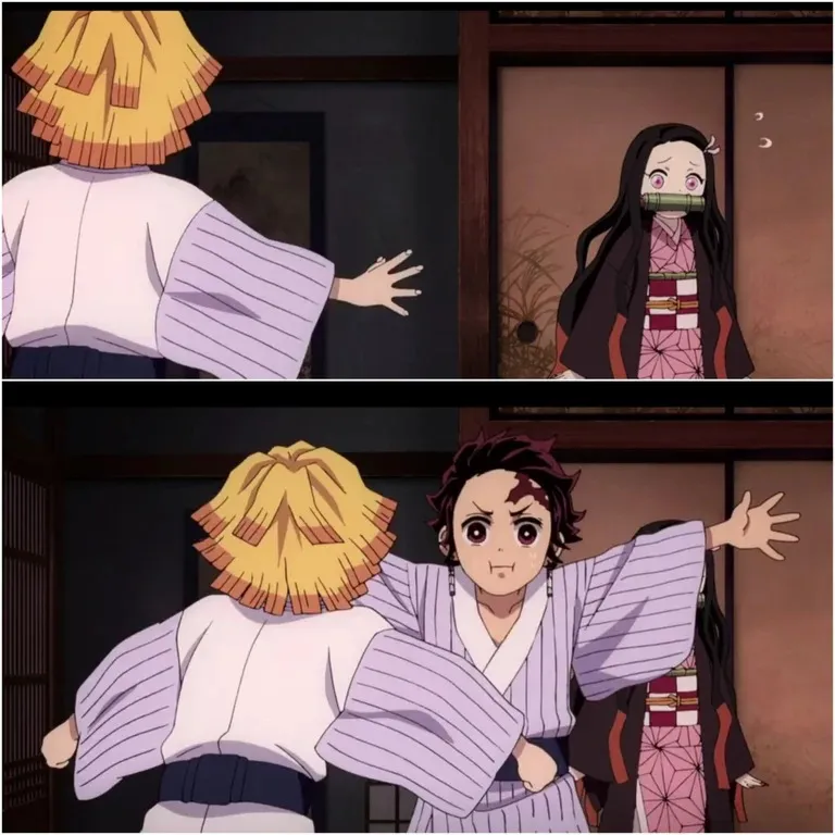 Tanjiro blocks Nezuko 