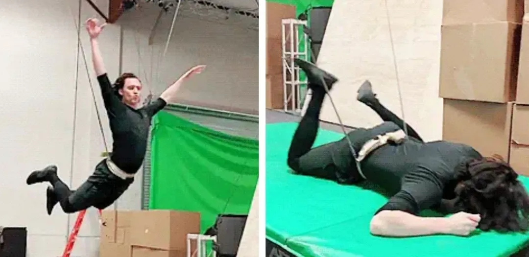 Tom Hiddleston flying and falling 