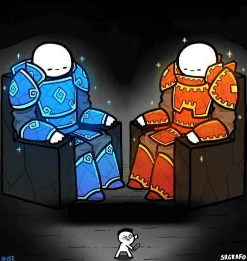 Two giants looking at a small guy 