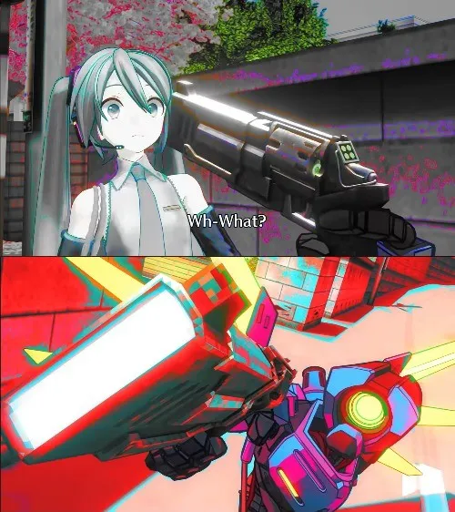 V1 from Ultrakill pointing a gun at Hatsune Miku 
