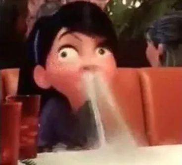 Violet spitting water out of her nose 