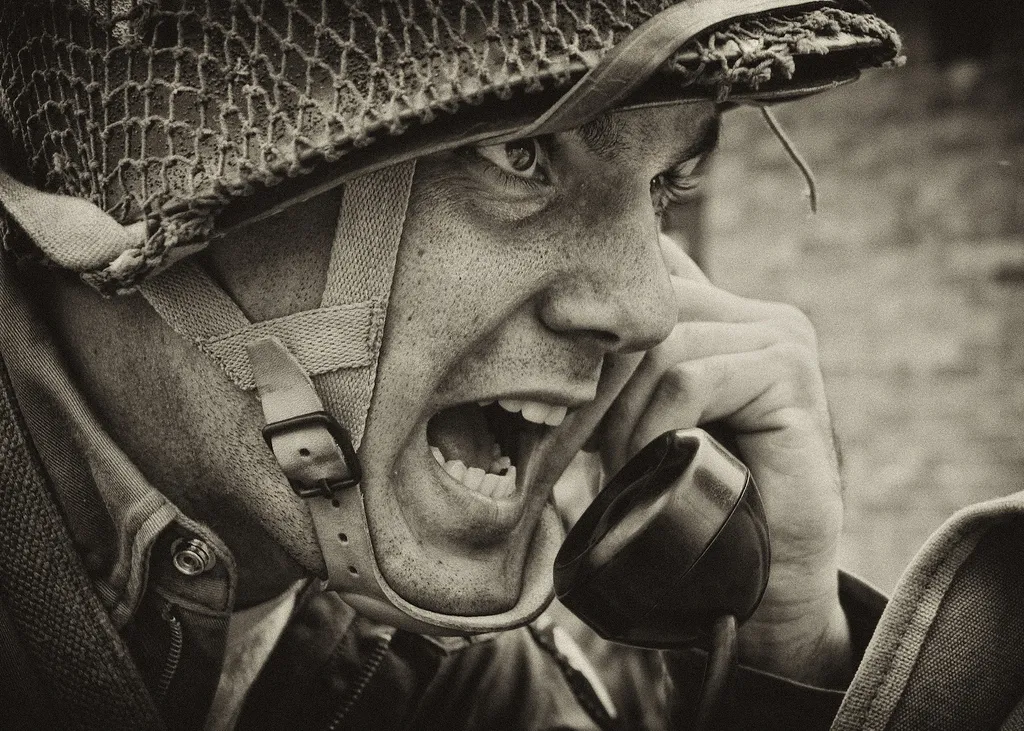 WW2 US Soldier yelling radio 