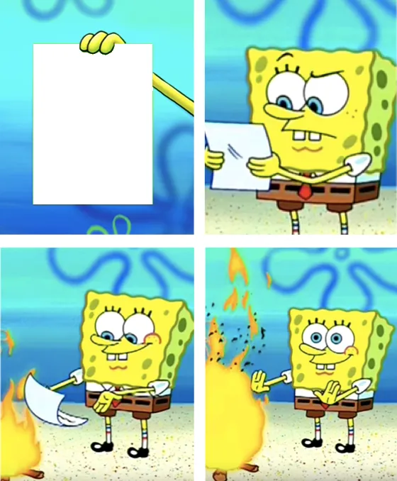 spongebob throwing paper into fire 